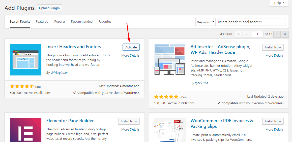 insert headers and footers activate plugin