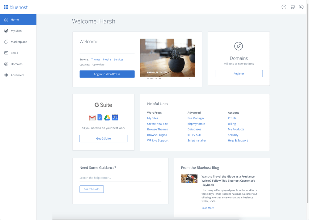 dashboard of bluehost