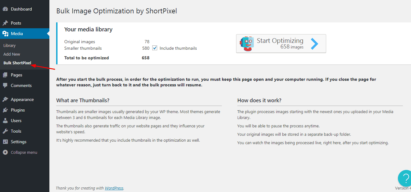 shortpixel plugin options