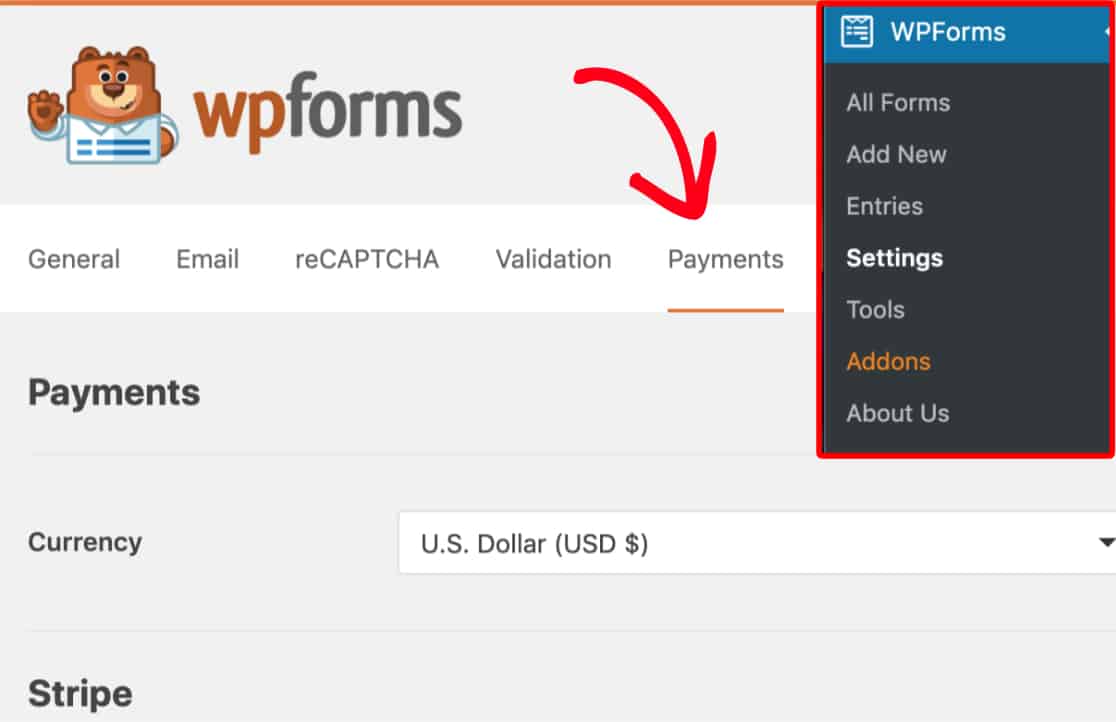 wpforms payment settings