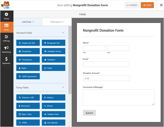 donation form with fields